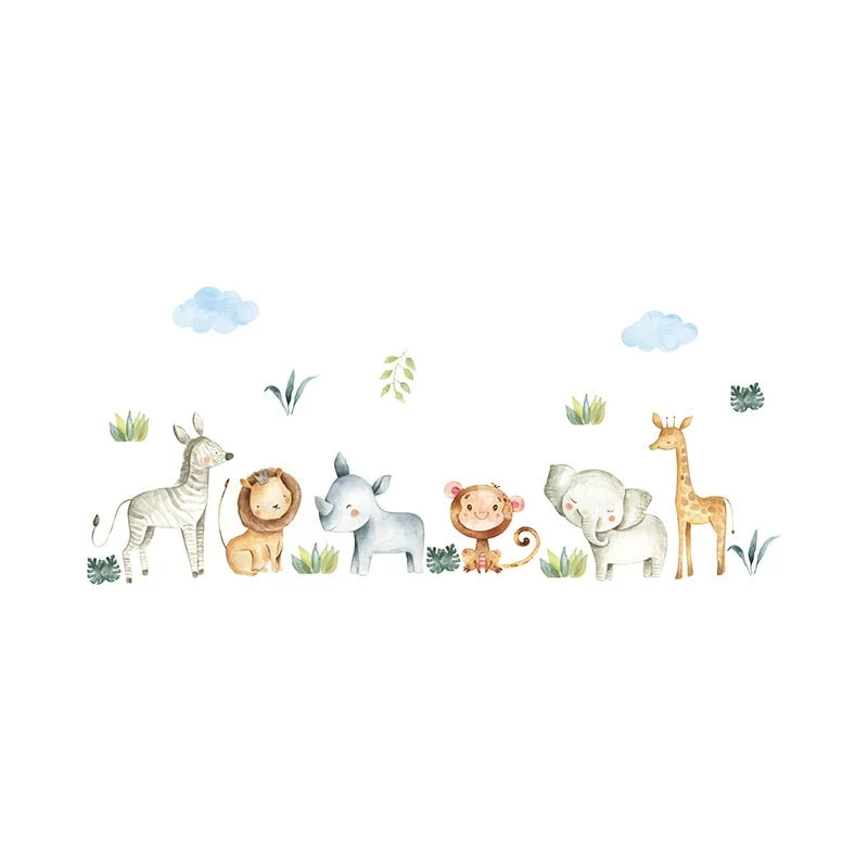 Watercolor Safari Cartoon Animals Jungle Wall Stickers for kids room Baby Nursery Room Decoration PVC wall Decals Living Room