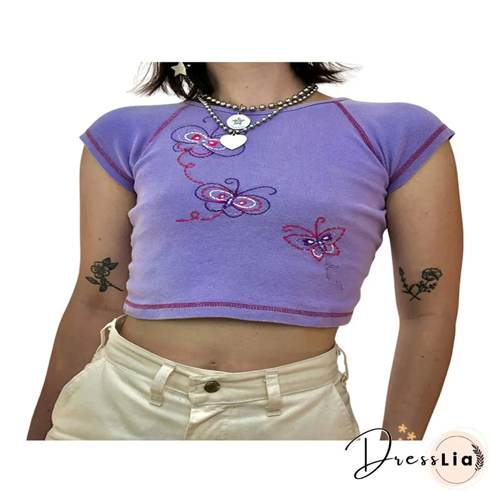 Summer Womens Casual Round Collar T-Shirt Creative Embroidery Short Sleeve Midriff-Baring