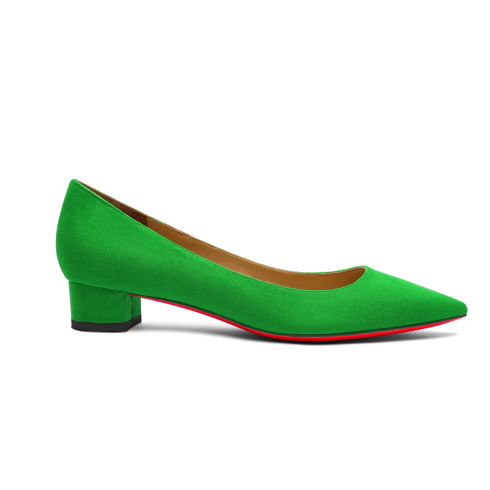 30mm Chunky Heels Pointed Toe Red Bottom Kitten Daily Suede Pumps Low Heels for Women-MERUMOTE