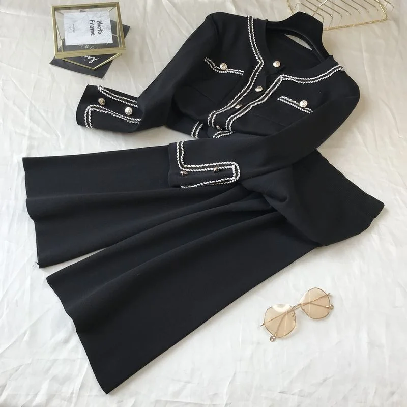 2022 New Autumn Korean Color Block Round Neck Double Pocket Knit Cardigan Top + Loose Wide Leg Pants Two-Piece Pants Set Women