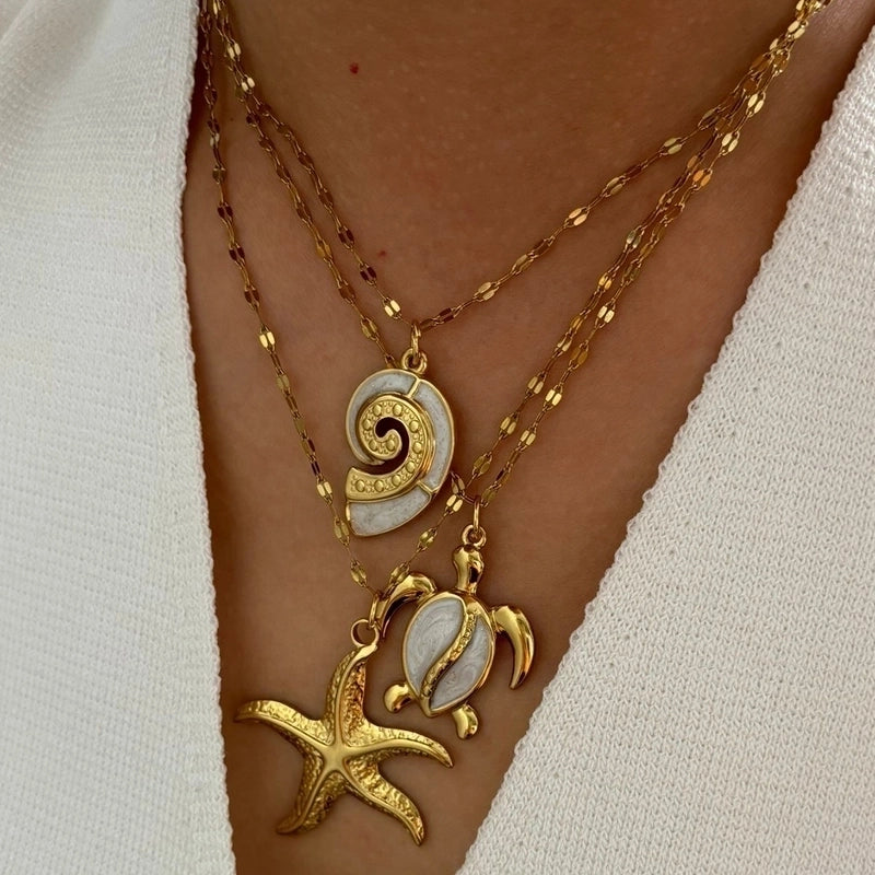 Marine Style Tortoise Starfish Conch 316L Stainless Steel  Enamel Pendant Necklace