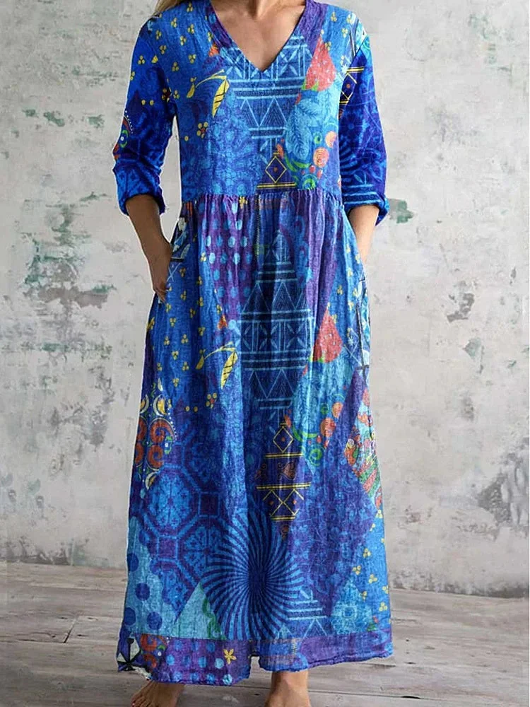 Women's 3/4 Sleeve V-neck Floral Printed Midi Dress