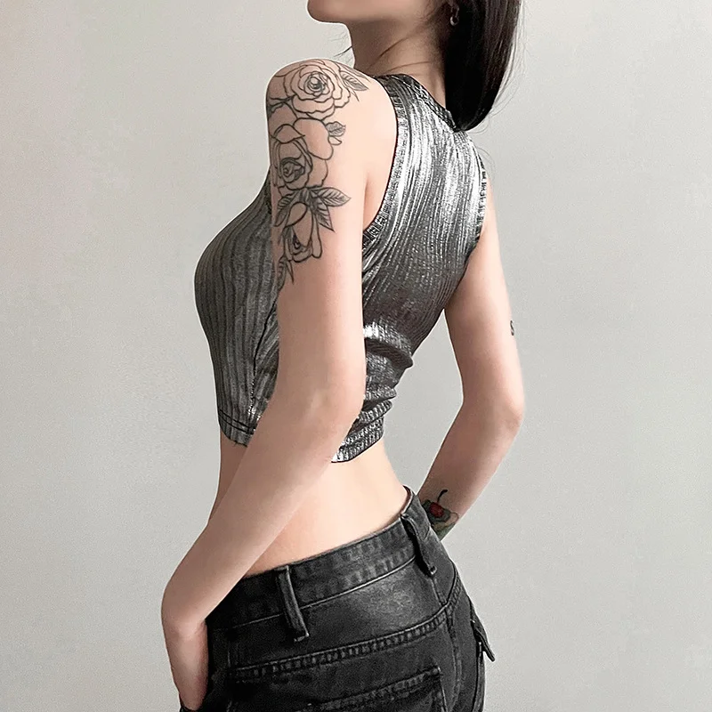 Uveng Spring 2024 New Women's Sexy Hottie Vertical Stripe Sleeve Sling Sling Small Vest