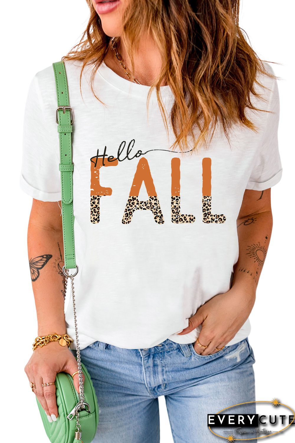 White Hello Fall Leopard Fun Graphic T Shirt