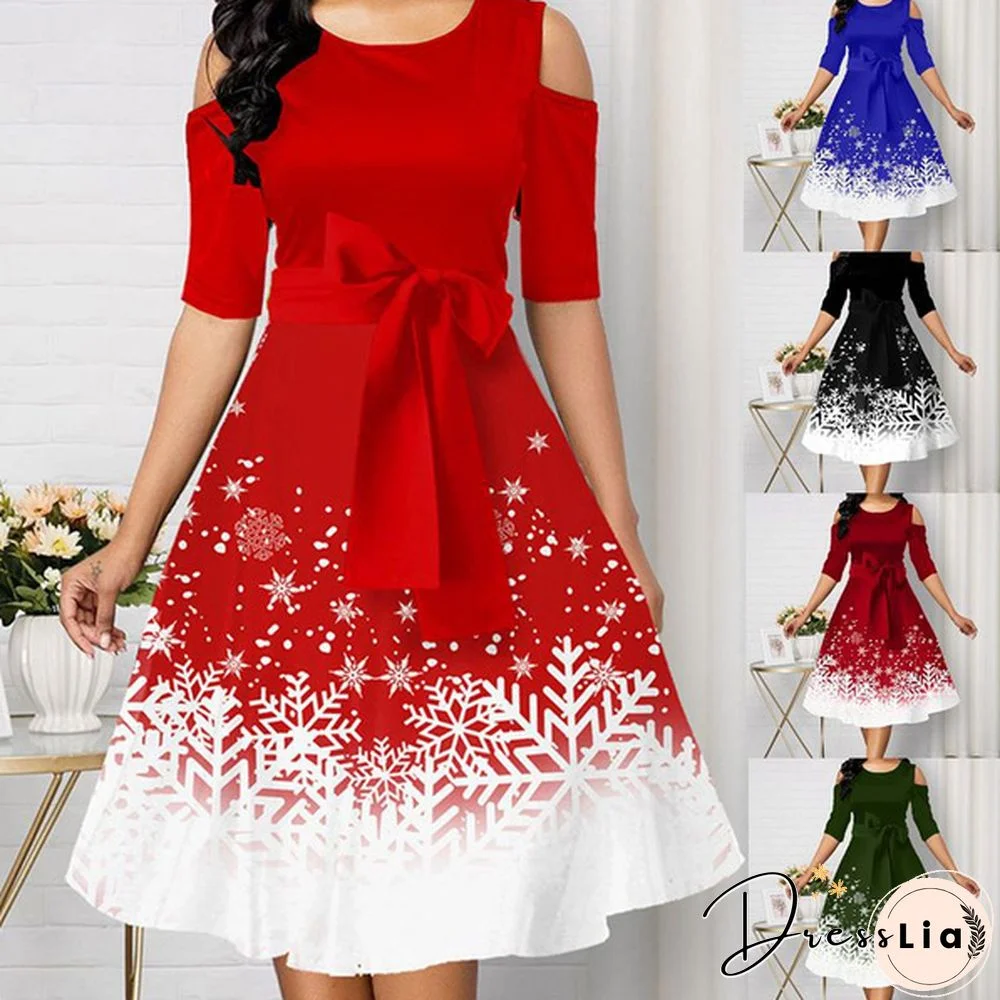 New Arrive Women Belted Snowflake Print Cold Shoulder Round Neck Dress Plus Size Fashion Christmas Party Dress