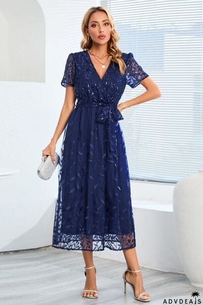 Sequin Leaf Embroidery Tie Front Short Sleeve Dress