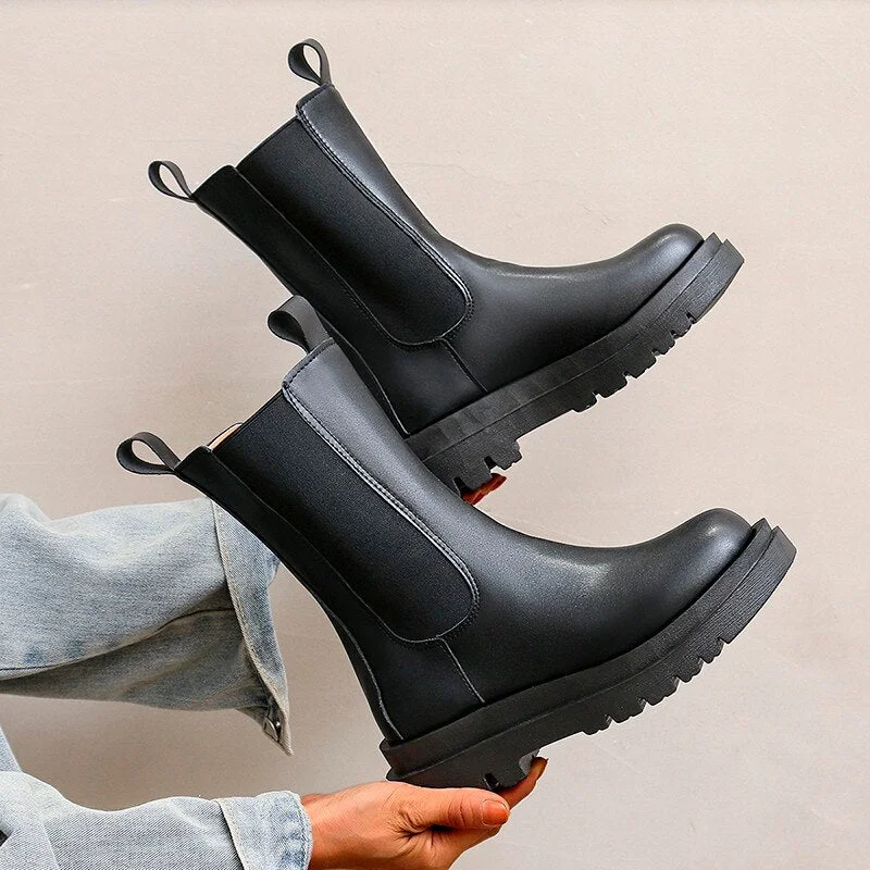 Chelsea Boots Chunky Boots Women Winter Shoes PU Leather Plush Ankle Boots Black Female Autumn Fashion Platform Booties