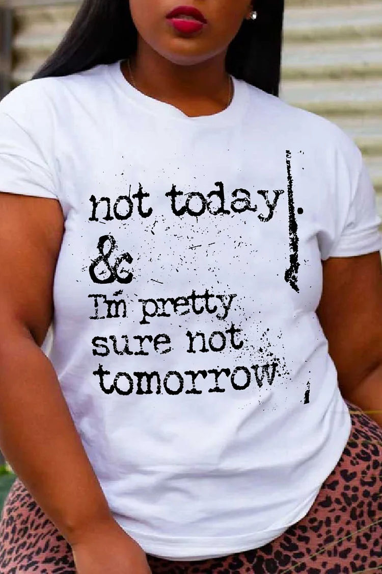 Plus Size White Casual Cotton Letter Print Round Neck T-Shirt