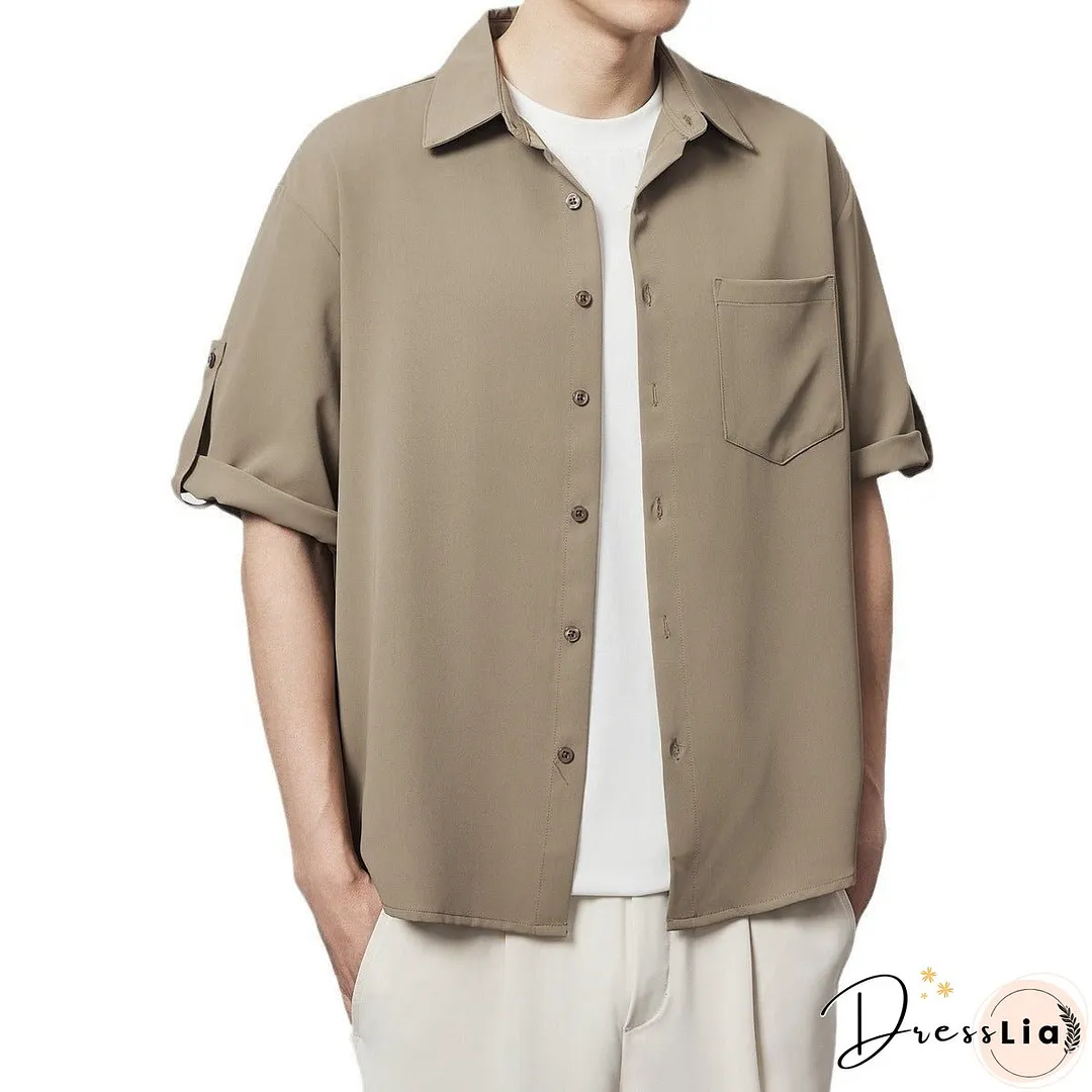 Minimalist Basic Solid Color Short Sleeve Shirt Loose Twill