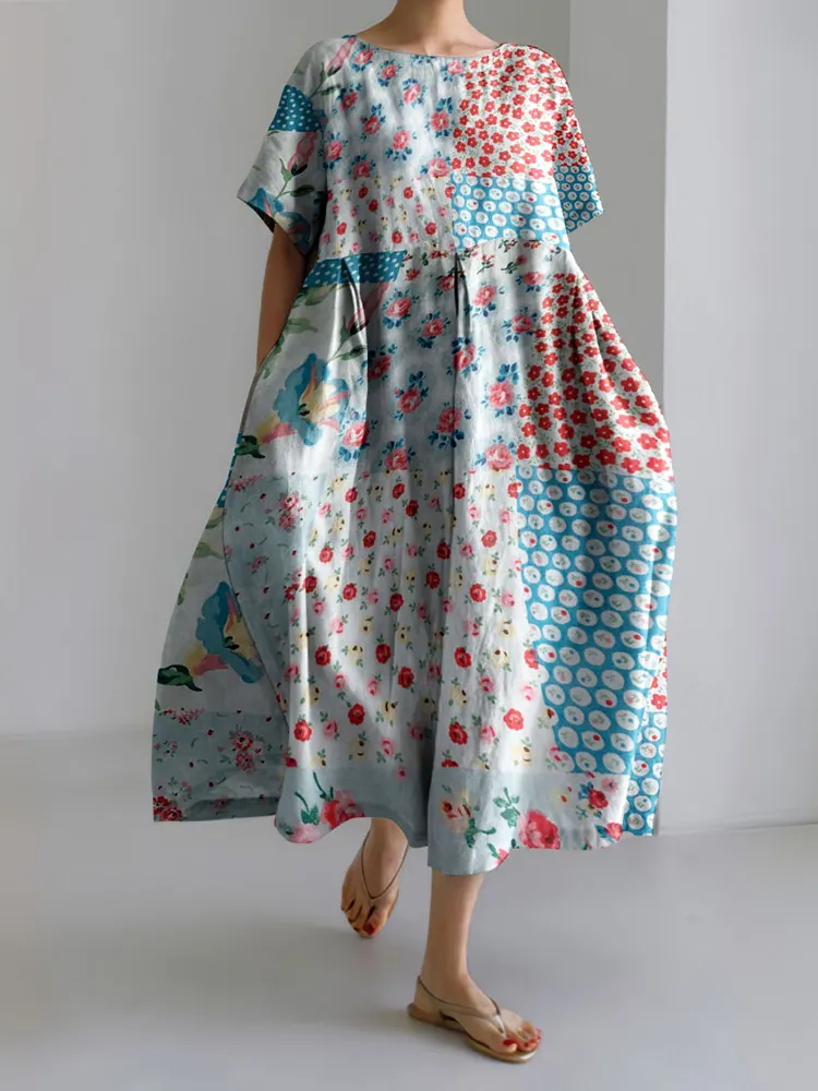 Squares Patchwork And Ditsy Floral Art Linen Blend Comfy Maxi Dress