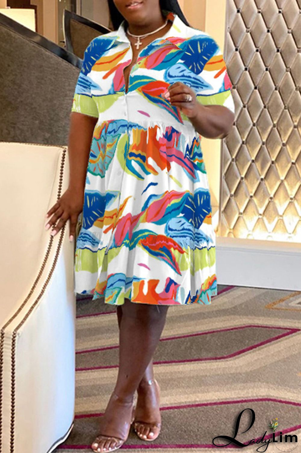 Purple Casual Print Patchwork Fold Turndown Collar A Line Plus Size Dresses