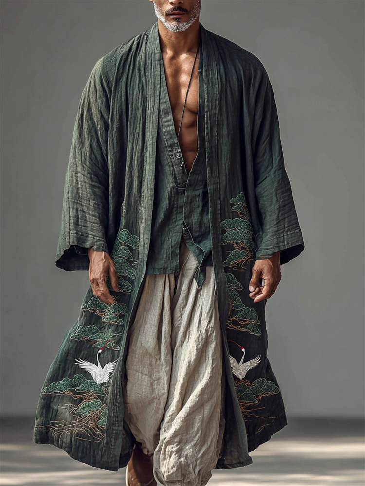 Men's Japanese Cranes Pine Trees Linen Long Kimono  artssus