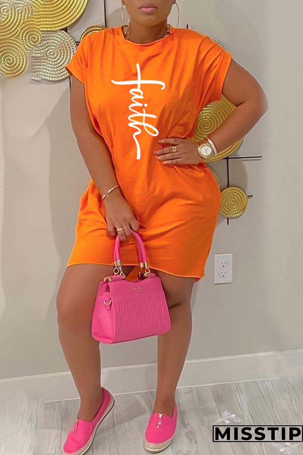 Green Casual Print Patchwork O Neck Straight Dresses