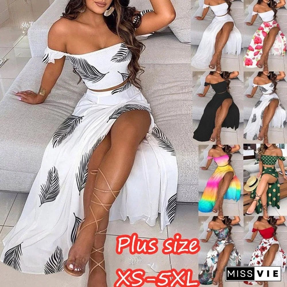 XS-5XL Fashion Summer Women Elegant Two Pieces Sets Cropped Top & Split Skirt Temperament Drop-shoulder Frilled Top and High Waist Split Dress