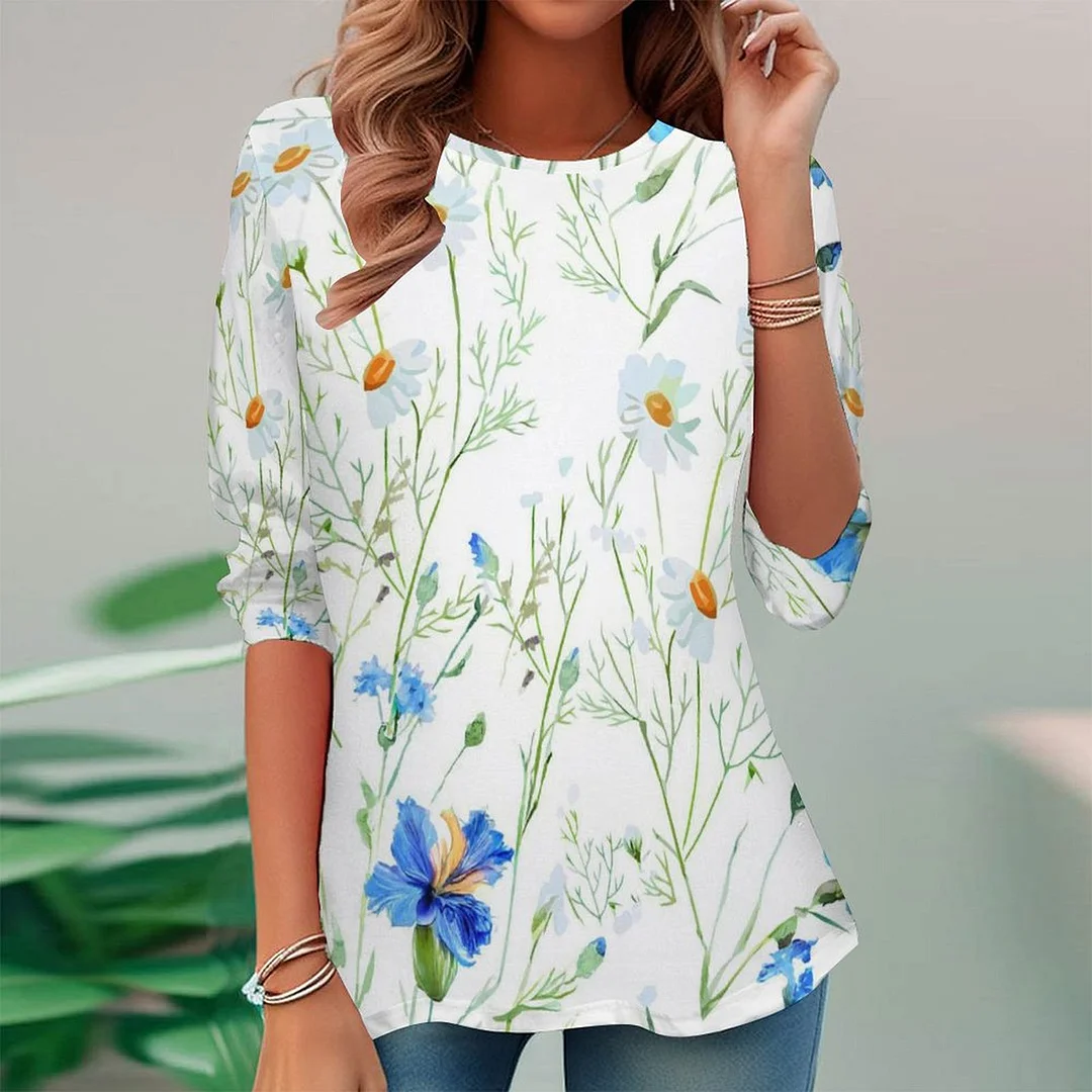 Vintage Printed Long Sleeve Plus Size Tunic for  Women and Men Unisex Pattern Blue,Floral,White