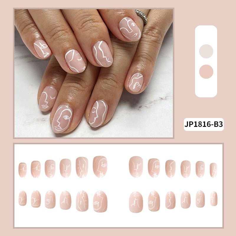 24pcs fake short nails with glue Human Face Printed Nail Patch Round Head  Flesh Pink Removable Paragraph Manicure free shipping