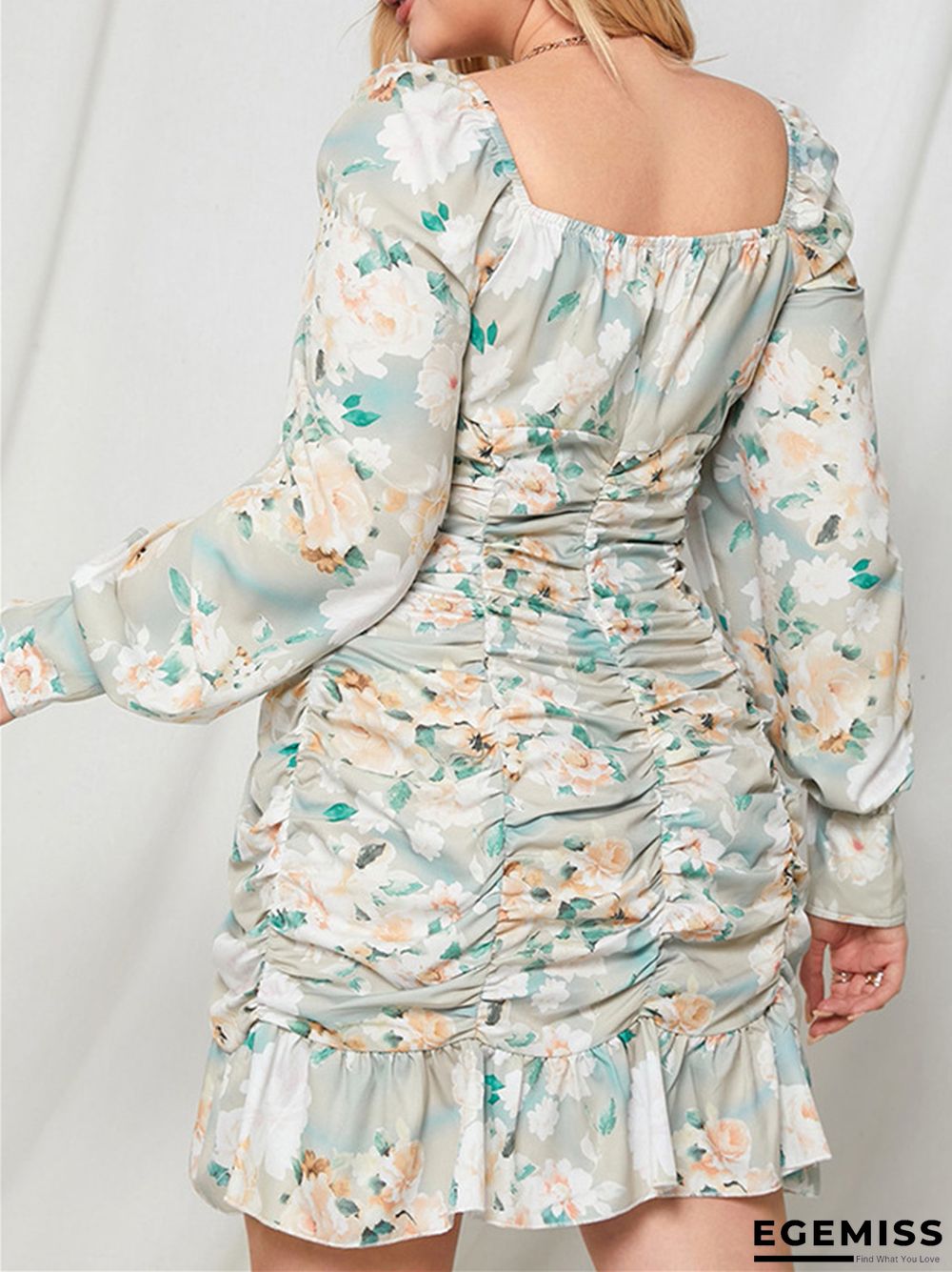 French Floral U-neck Off-the-shoulder Plus Size Dress In Summer Long Sleeve Hip Skirt | EGEMISS