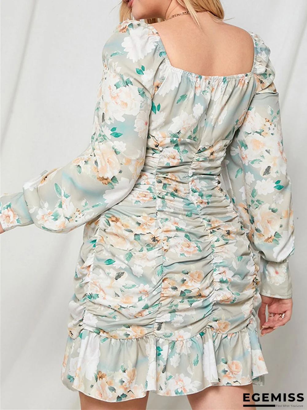 French Floral U-neck Off-the-shoulder Plus Size Dress In Summer Long Sleeve Hip Skirt | EGEMISS