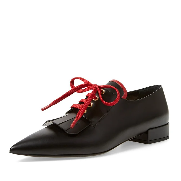 Black Vegan Leather Fringe Pointy Toe Flats Lace up Women's Oxfords |FSJ Shoes