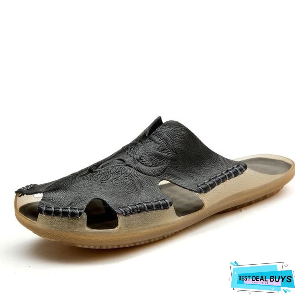 Men's Genuine Leather Non-Slip Sandal Shoes Breathable Beach Flip Flops Shoes
