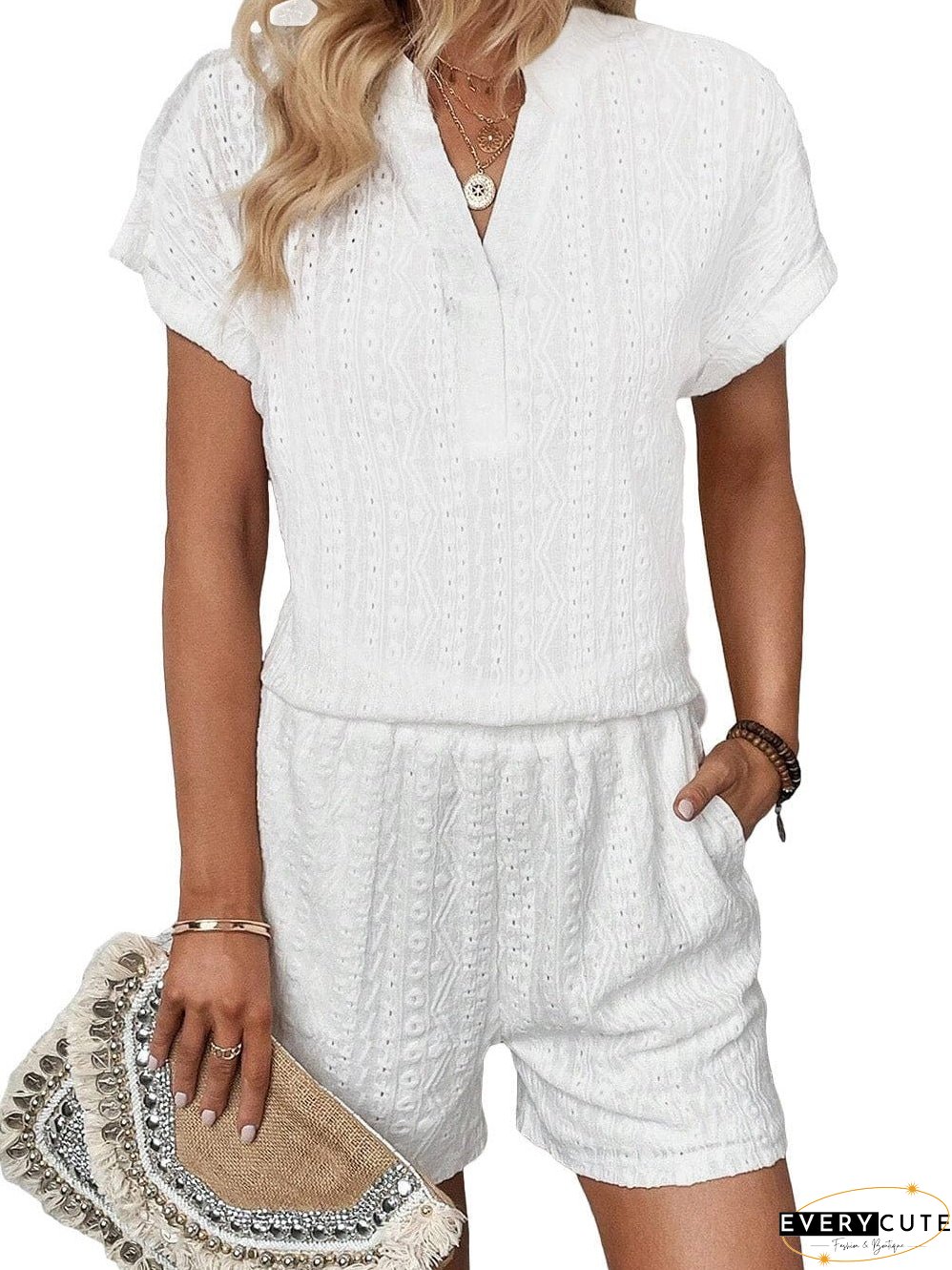 White Eyelet Jumpsuit with Pockets