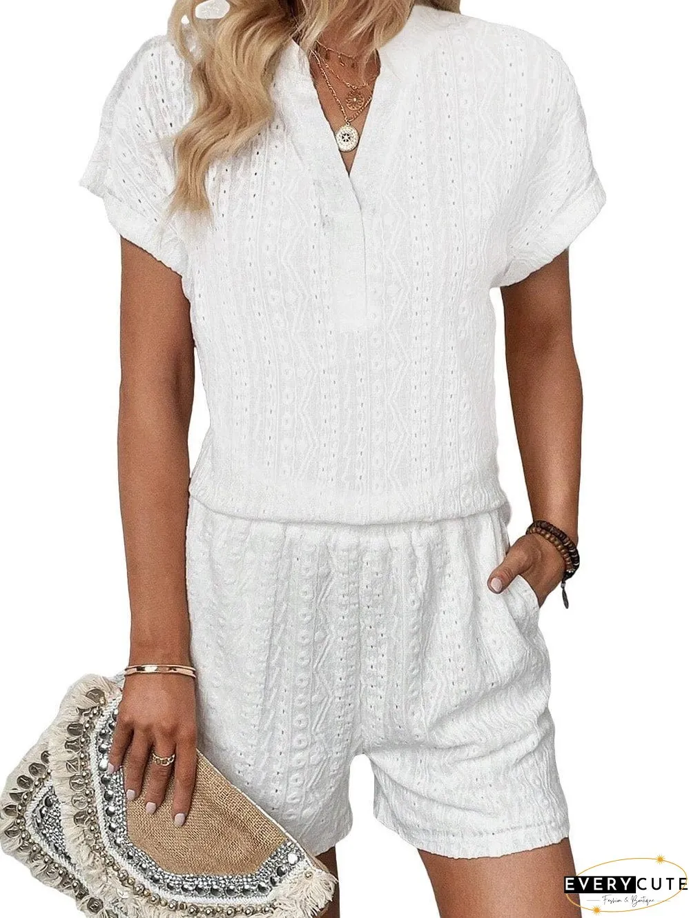 White Eyelet Jumpsuit with Pockets