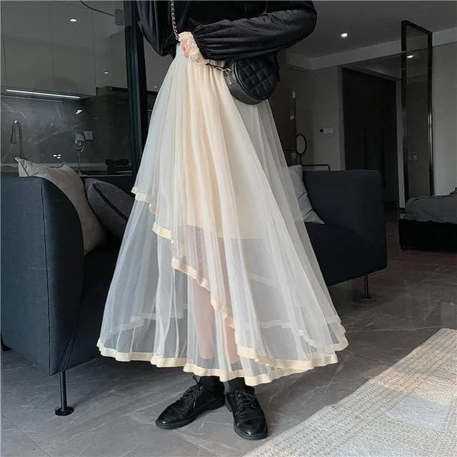 Simple Solid Color Perspective Irregular Double Layer Tulle Skirt