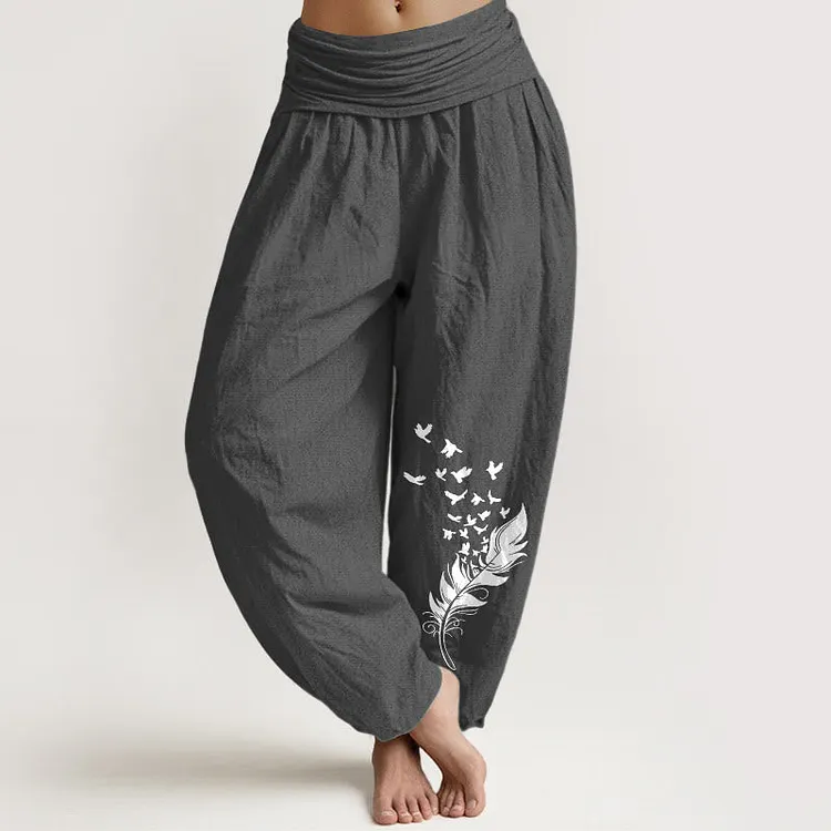 Cotton Vivid Bird Feather Pattern Women's Elastic Waist Harem Pants