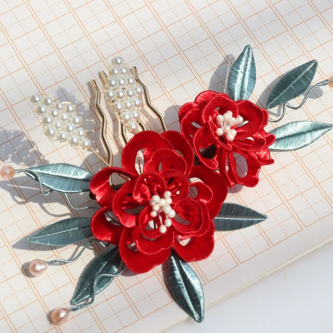 Silk Wrapped Flowers Pearl Hairpin Hanfu Headdress