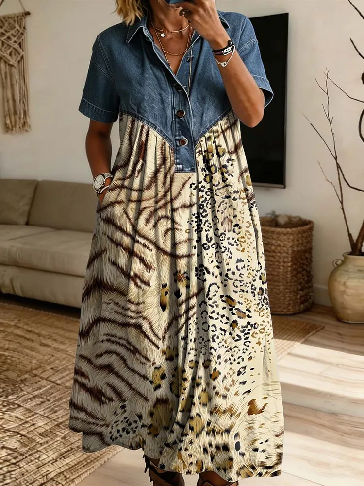 Retro Leopard Pattern Art Print Casual Stylish Lapel Denim Patchwork Dress