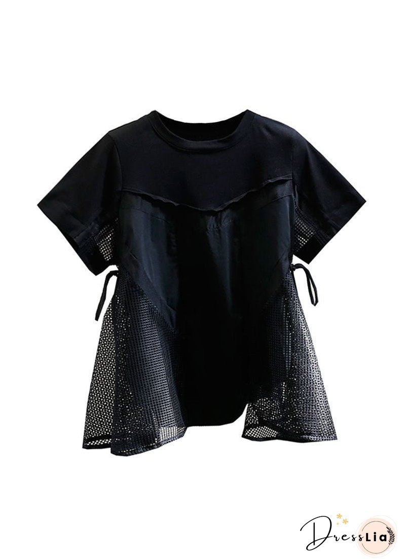 Natural Black O Neck Hollow Out Patchwork Cotton T Shirt Tops Summer