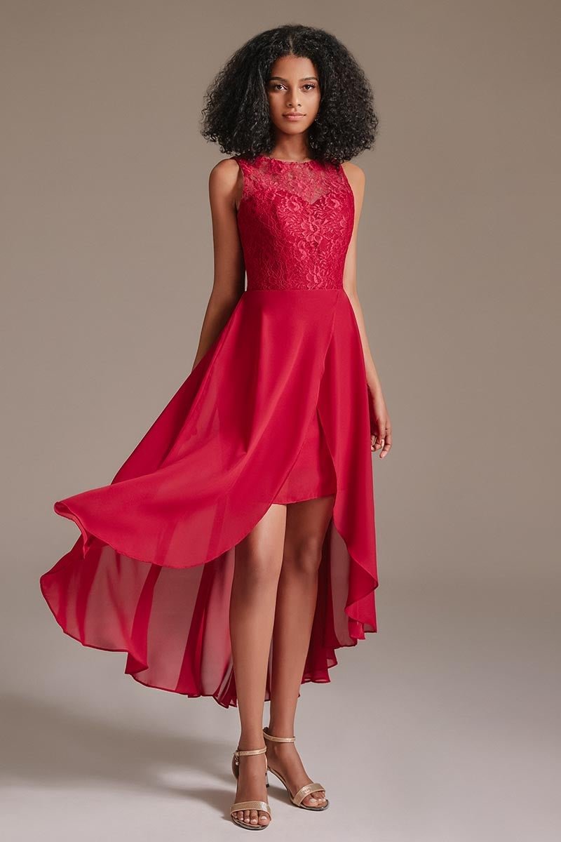 Lace Red Hi-Lo Bridesmaid Dress | Ballbellas Ballbellas
