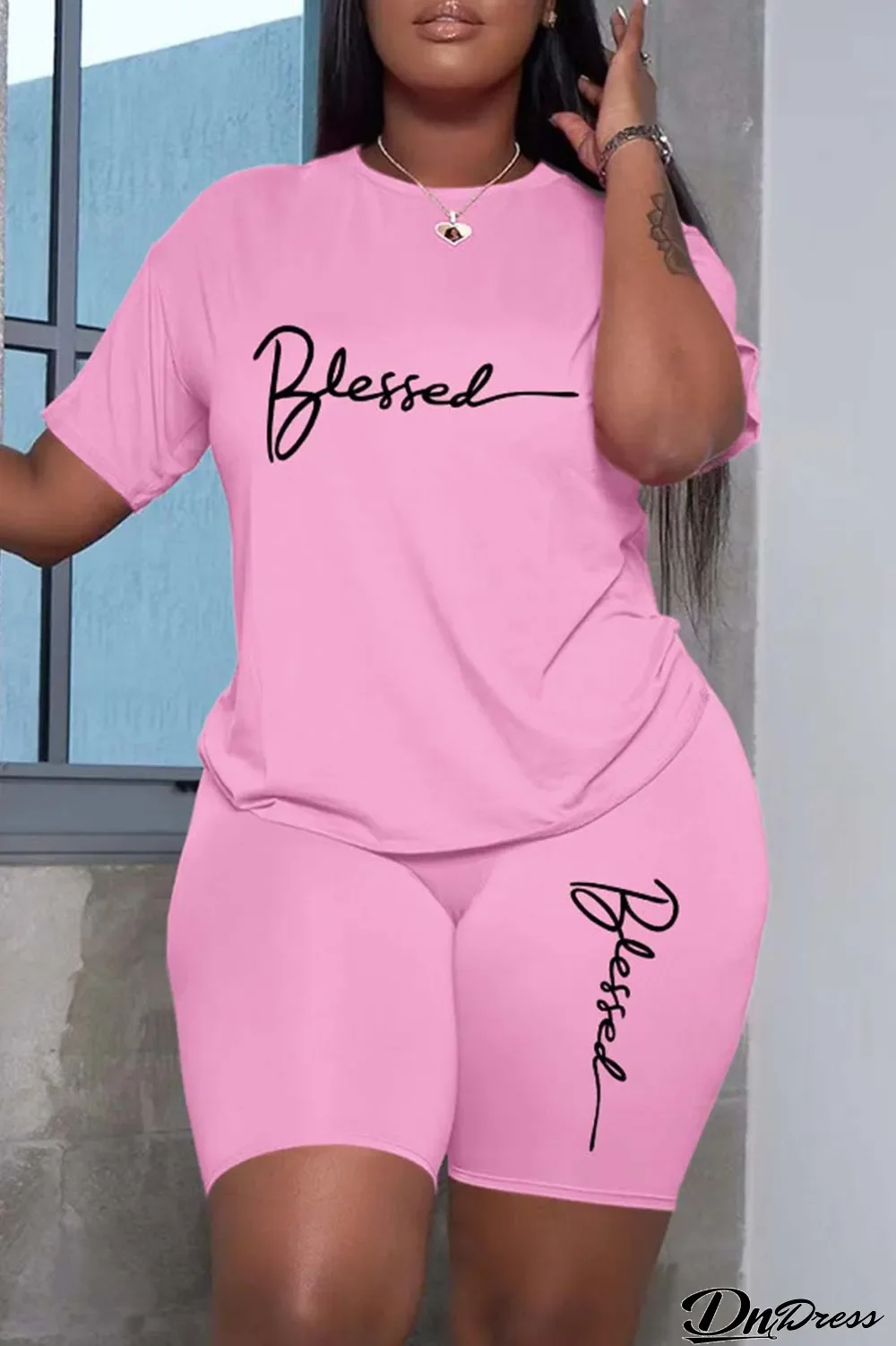 Pink Casual Print Basic O Neck Short Sleeve Two Pieces