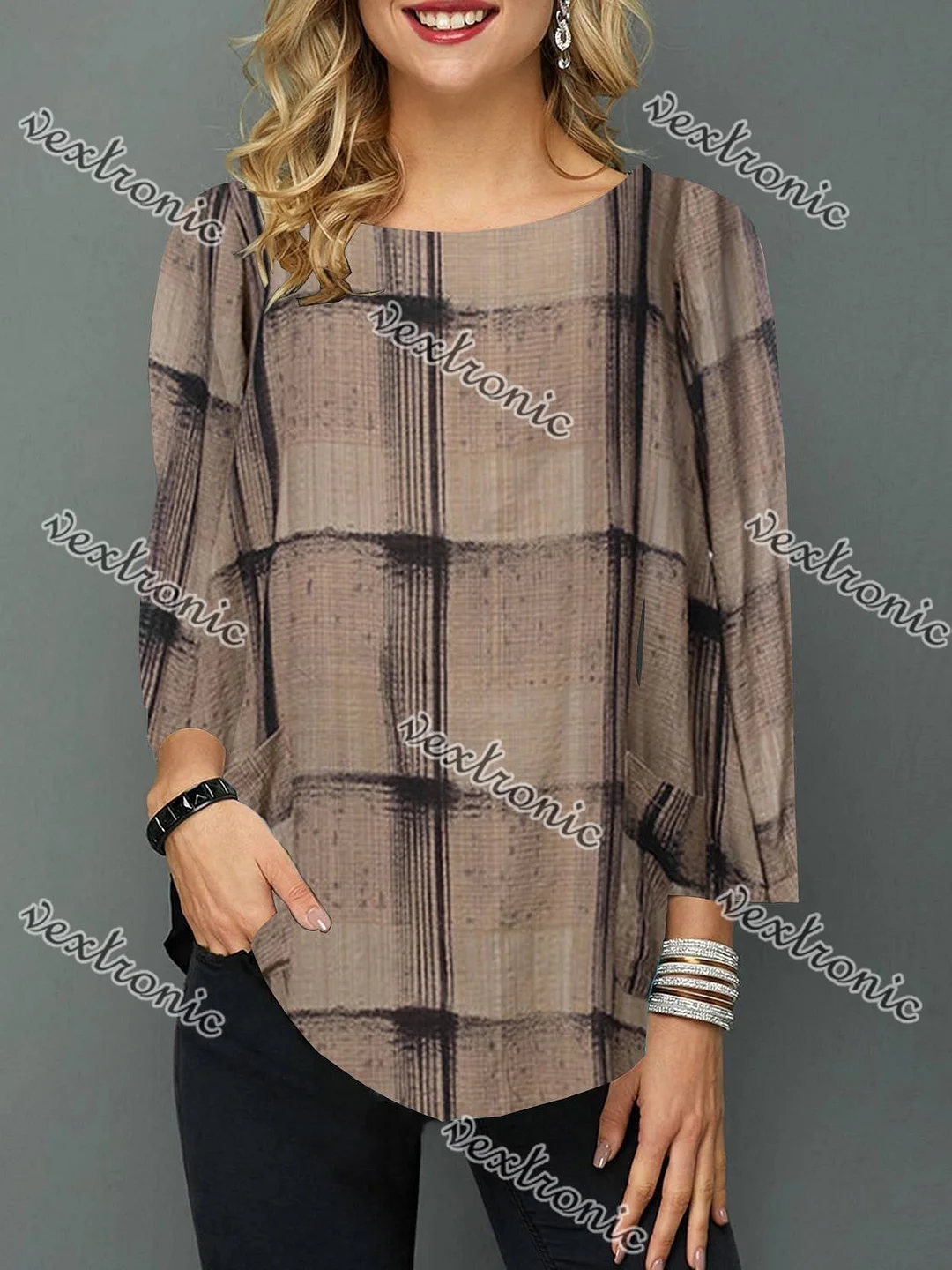 Women's 3/4 Sleeve Scoop Neck Plaid Printed Tops Tunics