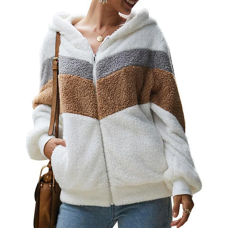 Mayoulove Loose color block zipper warm coat-Mayoulove