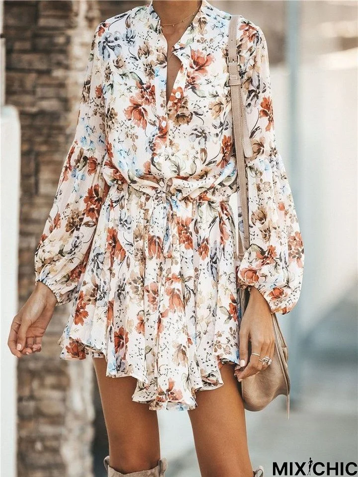 Cross Print Suit Collar Lace Up Button Dress