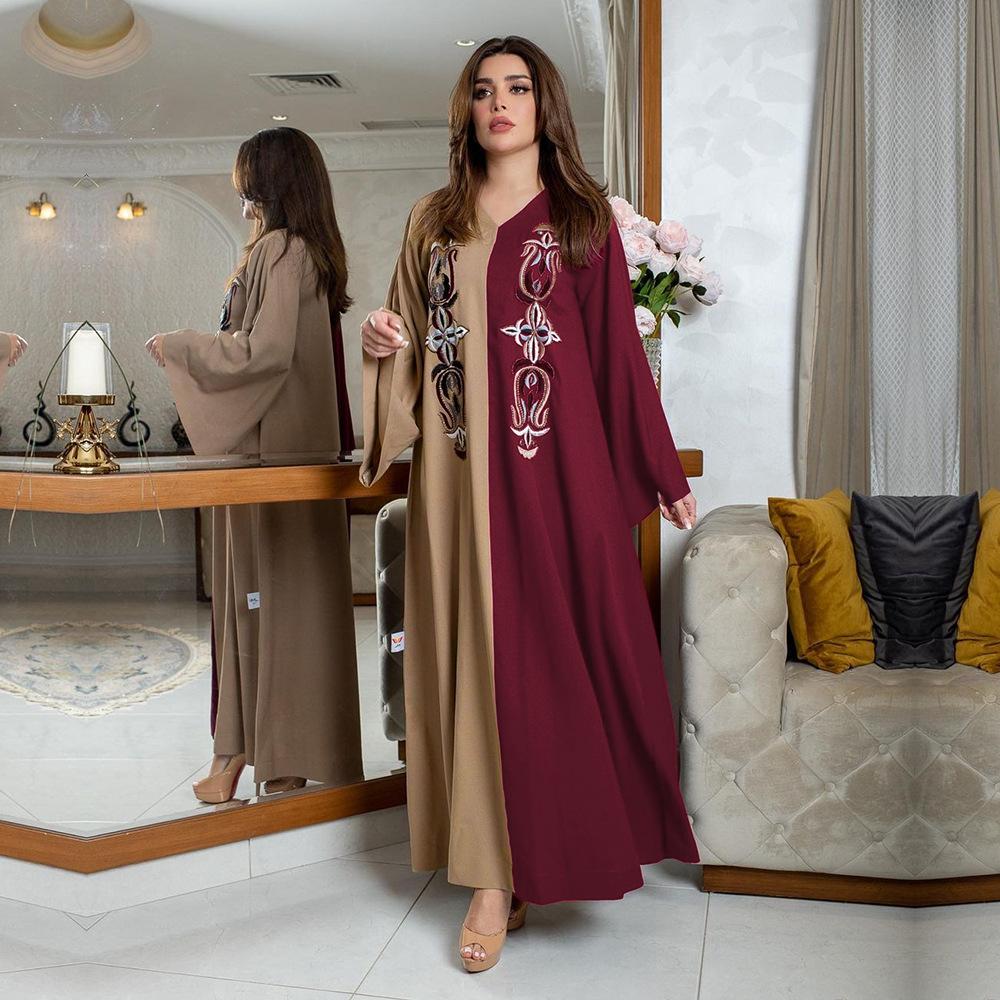 khaki & red embroidery printed v neck long sleeve dress | Oxredo Shop Ramadan Sale