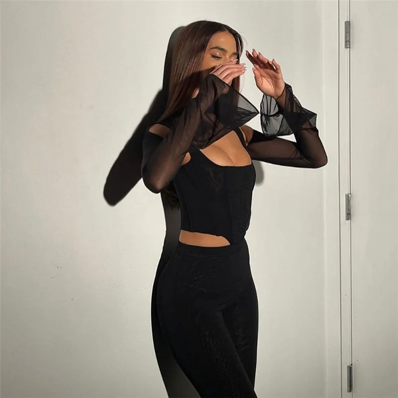 2022 Gothic Y2K Women's T-Shirts Long Sleeve Short Tops See-Through Hollow Out Slim-Fit Short Blouse Solid Color Navel Pullover