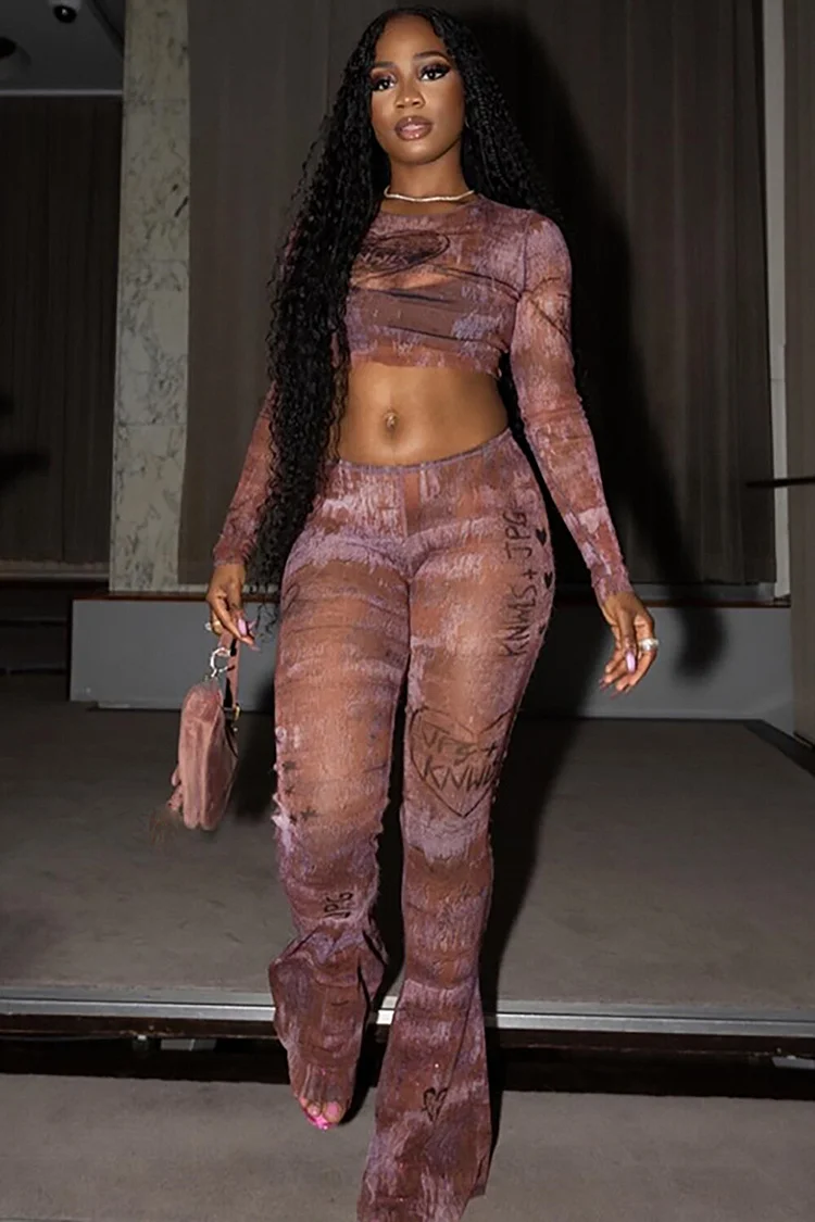 Semi Sheer Long Sleeve Crop Top Letter Print Flared Pants 2pcs Set-Brown