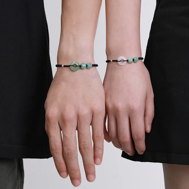 Green Aventurine White Jade 2Pcs Peace Buckle Luck Braided Couple Bracelet