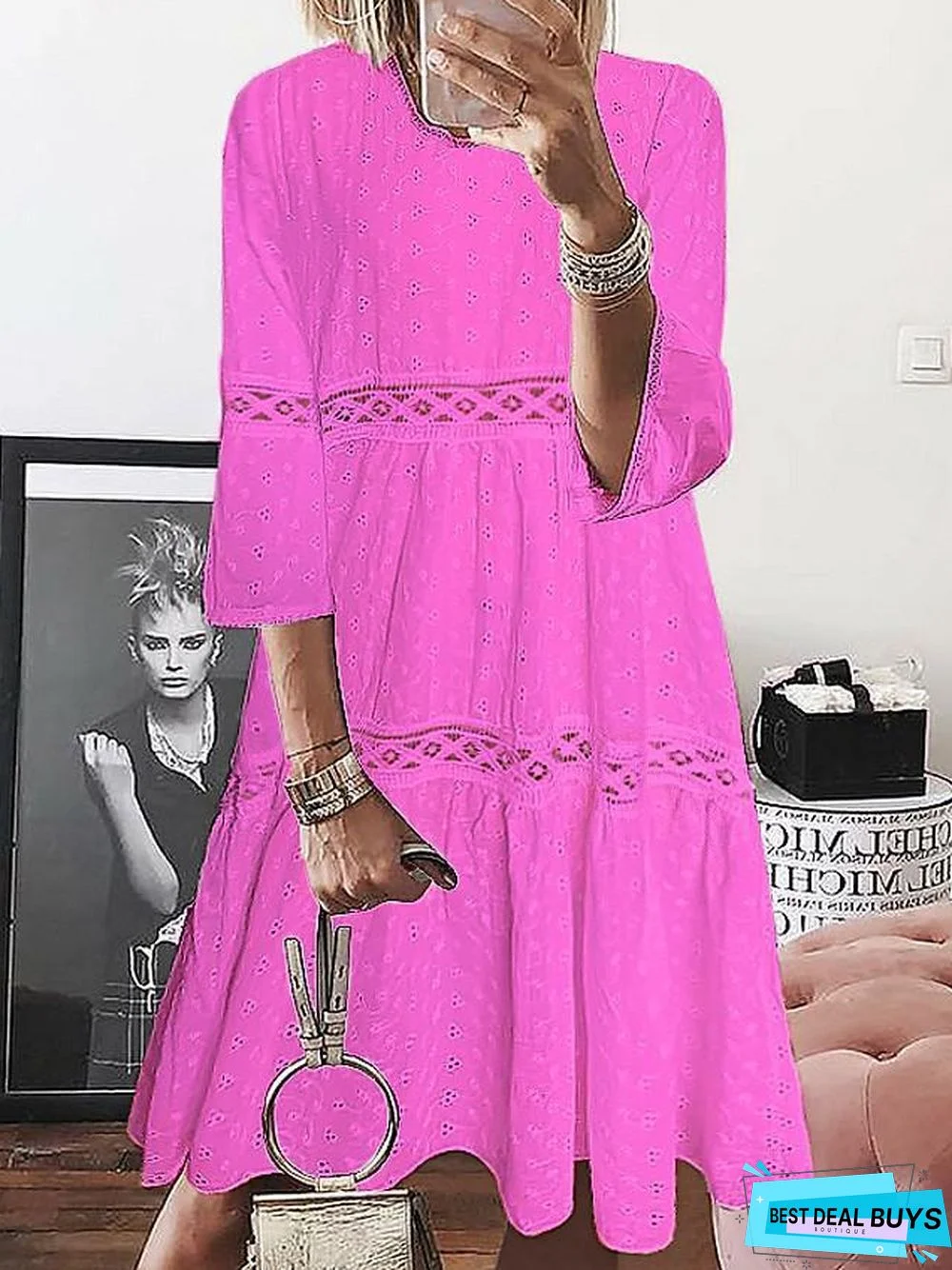 Women's A-Line Dress Short Mini Dress - 3/4 Length Sleeve Eyelet Lace Spring Summer Plus Size Hot Casual White Purple Yellow Light Blue White Dresses