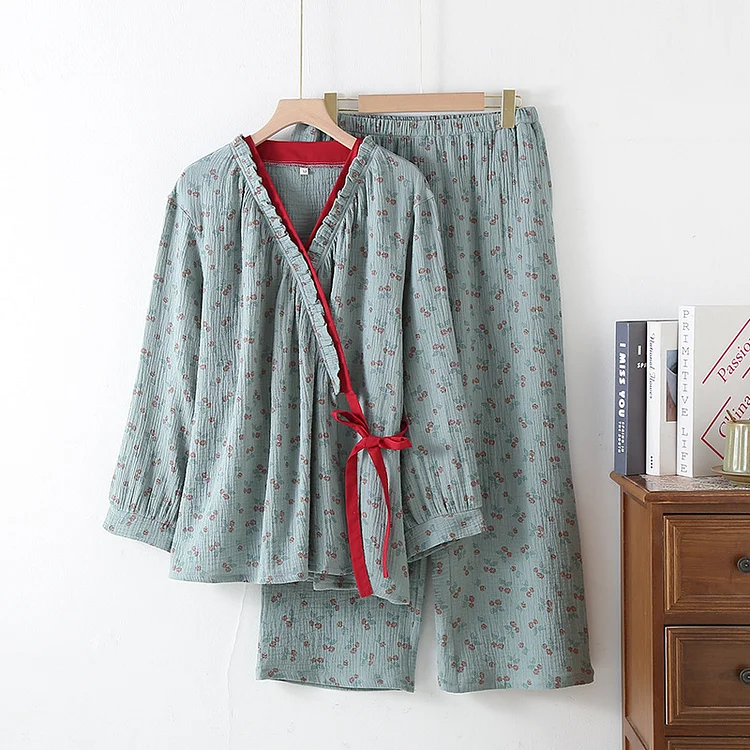 Kimono Rural Rose Cotton Gauze Pajama Set Radinnoo.com
