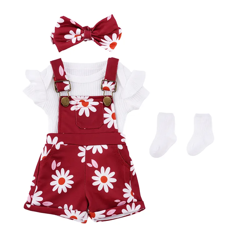 17"&ndash;22" Lovely Wine Red Daisy Suspender Pants 4 Pcs for Reborn Baby Dolls