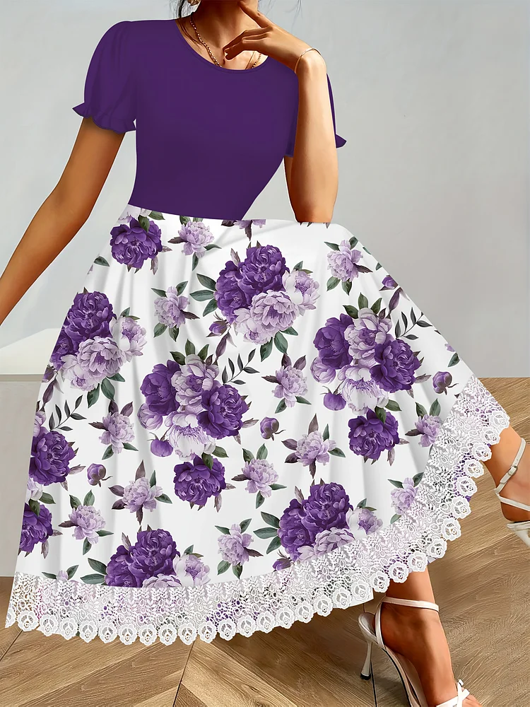 Women's Elegant Colorblock Floral Print Dress With Lace Trim - Round Neck, Short Sleeve, A-Line Skirt, Purple & White Hydrangea Design, Perfect For Summer, Adult Women's Fashion, Floral Dress
