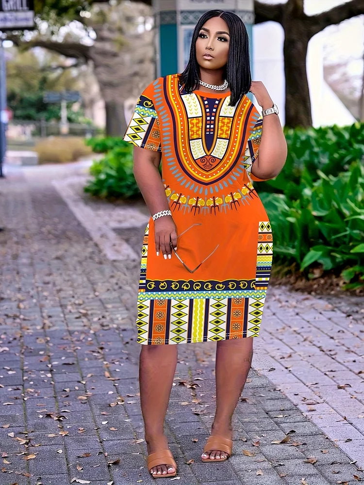 Plus Size African Digital Print T-Shirt Dress - Vibrant Ethnic Geometric Pattern, Stretchy Comfort Fit, Machine Washable, All-Season Casual & Formal Wear, Cultural Attire, Elegant Style, Opaque Fabric