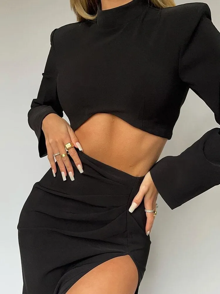 WannaThis Women Fashion Outfits Irregular Padded Crop Tops High Slit Skirts Autumn Slim Sexy Fashion Casual Black Matching Sets