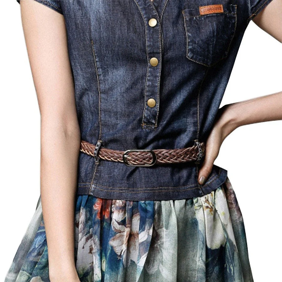 Brownm Brownm Summer New Women's Temperament Fashion Denim Dress Sleeveless Splicing Print Mid-Long Dress