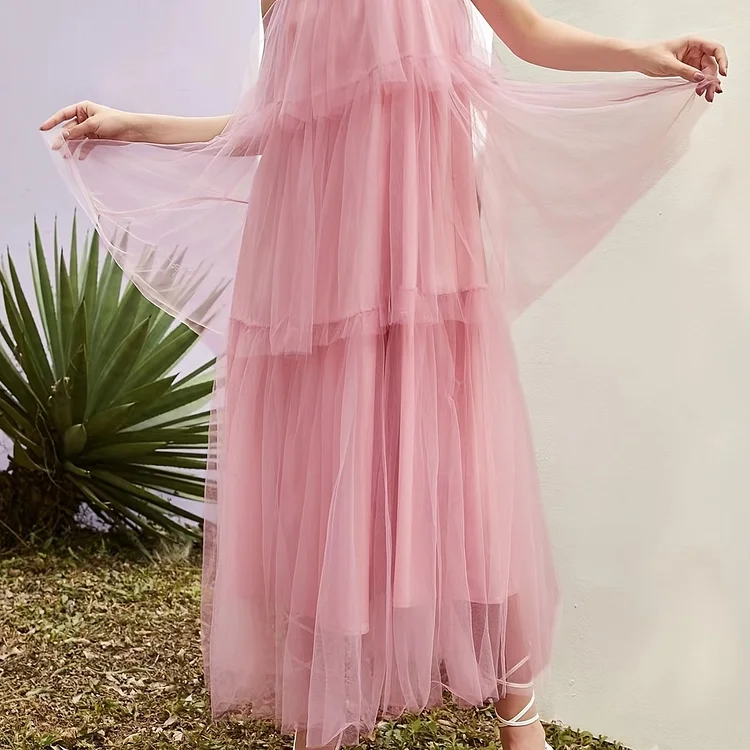 Solid Tiered Layer Mesh Slip Sleeveless Dress, Elegant Ruffled Vacation Maxi Dress For Valentine's Day Gifts, Women's Clothing
