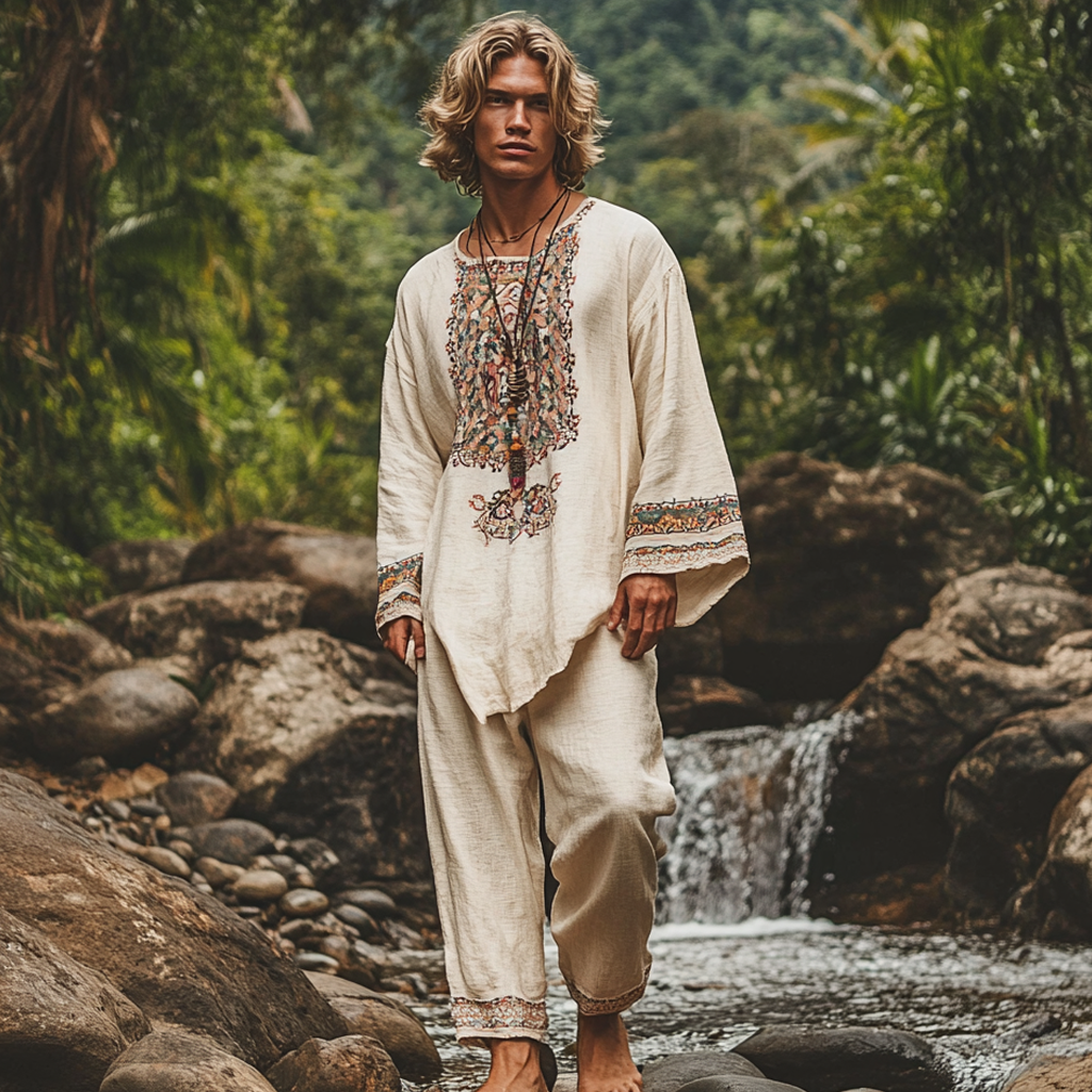 Men's Bohemian Holiday Style Vintage Ethnic Totem Print Cotton And Linen Casual Pants-inspireuse