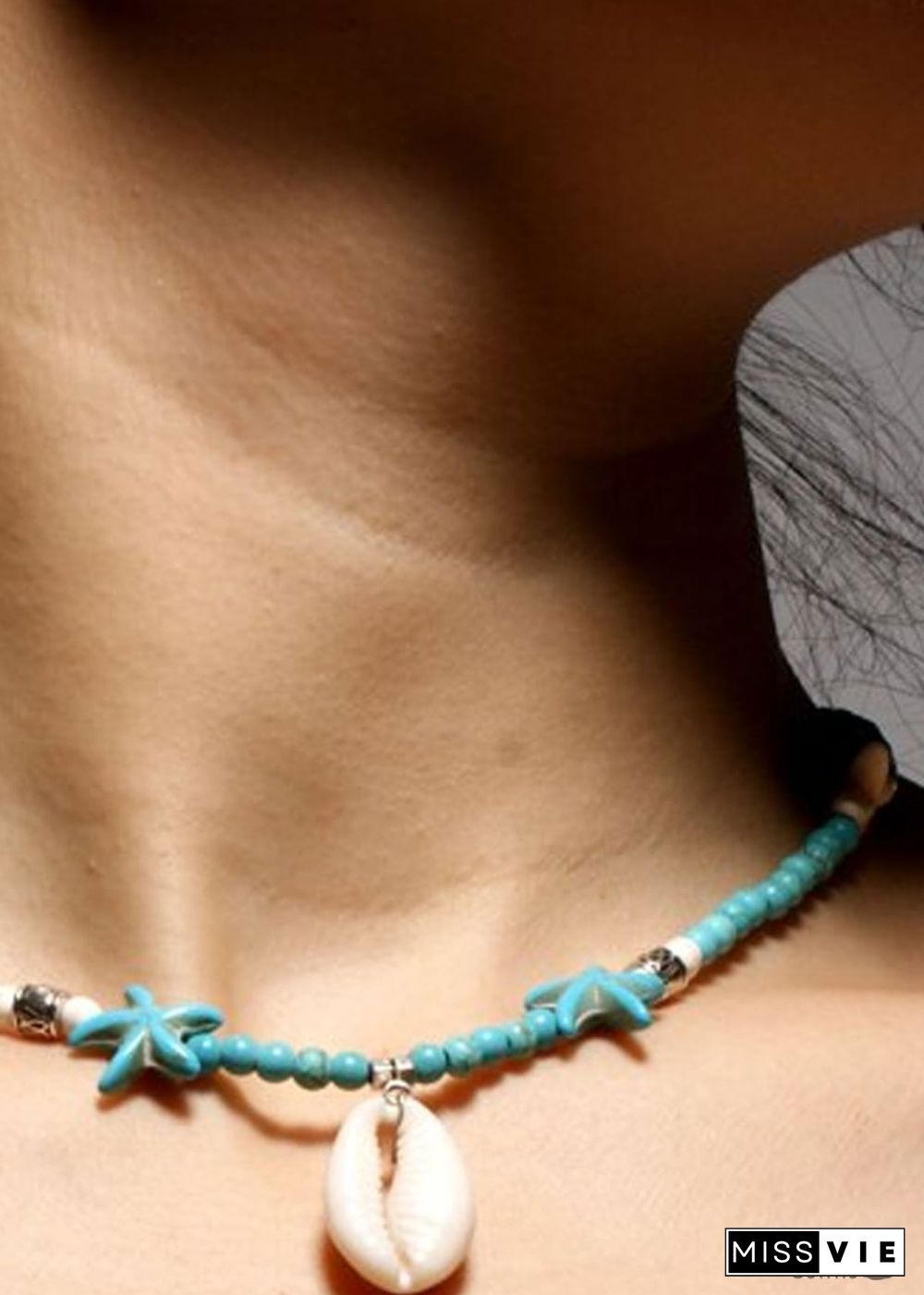 Boho Necklace, Hippie Blue Shell & Starfish
